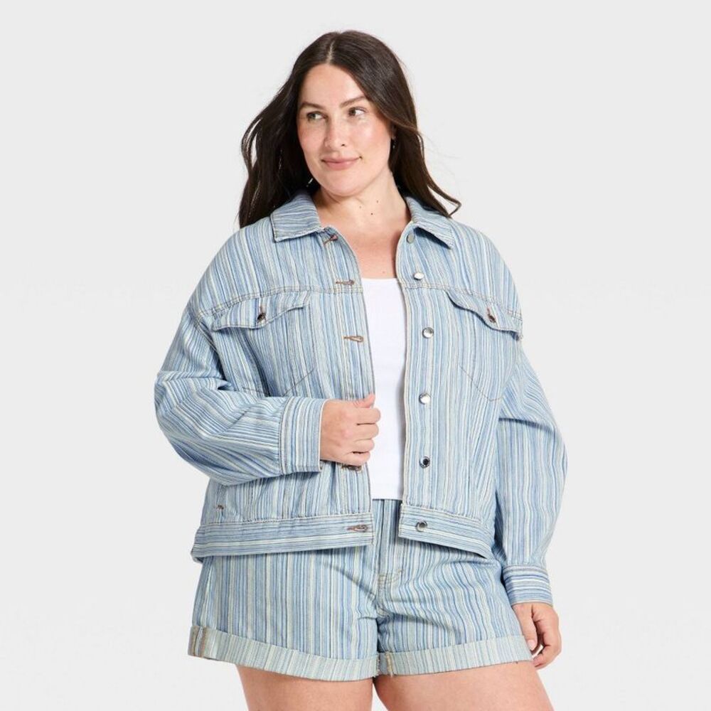 Women's Relaxed Barrel Denim Jacket - Universal Thread Blue Striped XXL